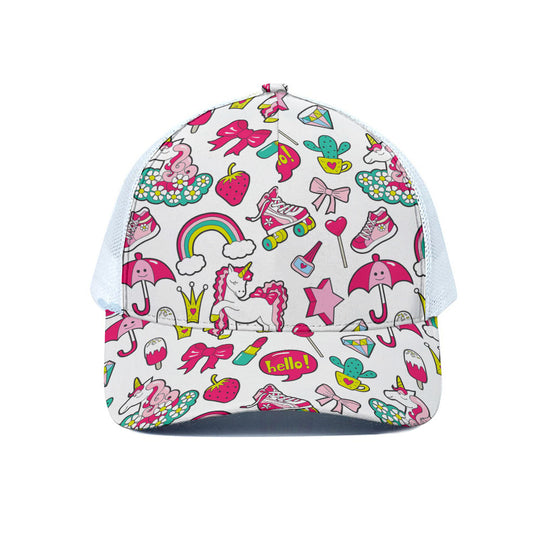 White Girly Unicorn Pattern Print White Mesh Trucker Cap