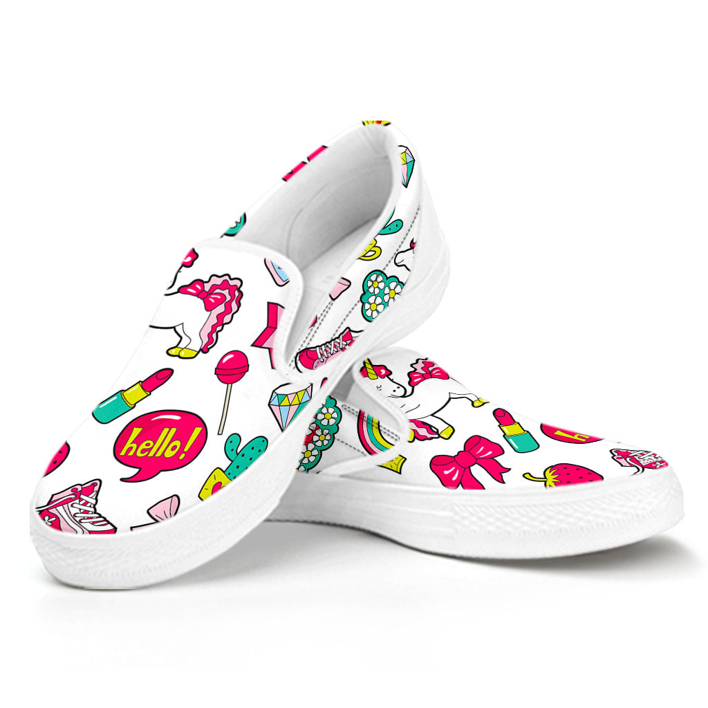 White Girly Unicorn Pattern Print White Slip On Sneakers