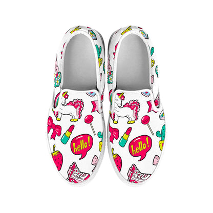 White Girly Unicorn Pattern Print White Slip On Sneakers