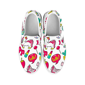 White Girly Unicorn Pattern Print White Slip On Sneakers