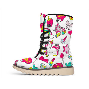 White Girly Unicorn Pattern Print Winter Boots