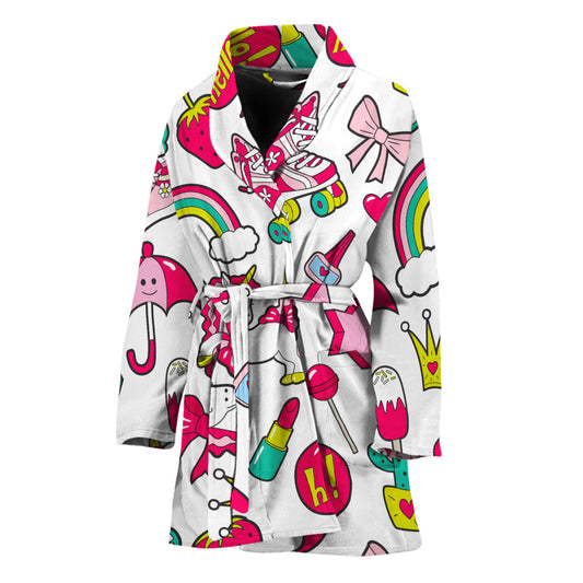 White Girly Unicorn Pattern Print Women's Bathrobe
