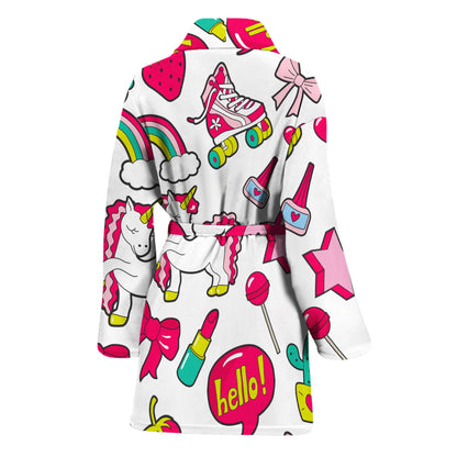 White Girly Unicorn Pattern Print Women's Bathrobe