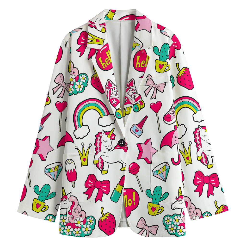 White Girly Unicorn Pattern Print Women's Blazer