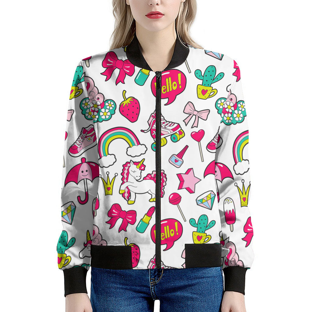 White Girly Unicorn Pattern Print Women's Bomber Jacket