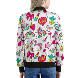 White Girly Unicorn Pattern Print Women's Bomber Jacket