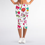 White Girly Unicorn Pattern Print Women's Capri Leggings