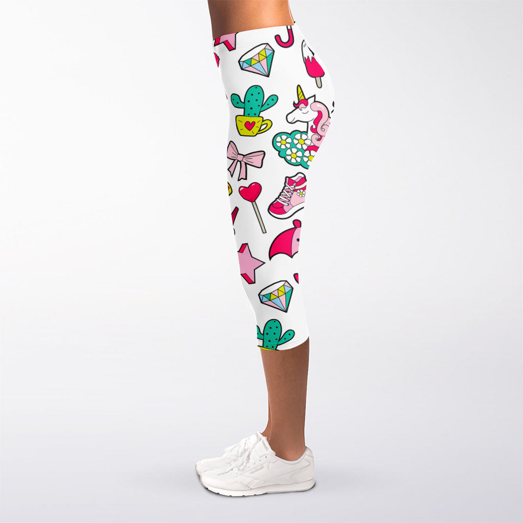 White Girly Unicorn Pattern Print Women's Capri Leggings