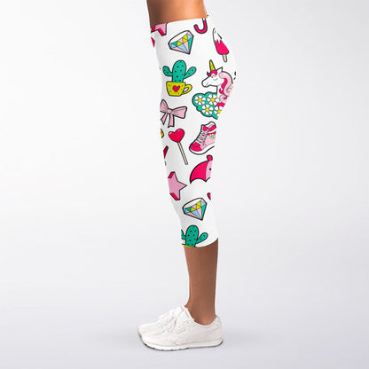 White Girly Unicorn Pattern Print Women's Capri Leggings