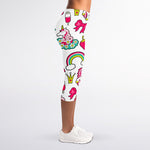 White Girly Unicorn Pattern Print Women's Capri Leggings
