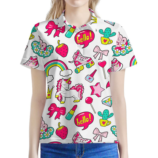 White Girly Unicorn Pattern Print Women's Polo Shirt