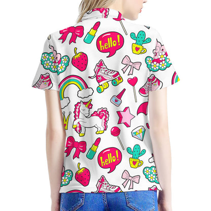 White Girly Unicorn Pattern Print Women's Polo Shirt
