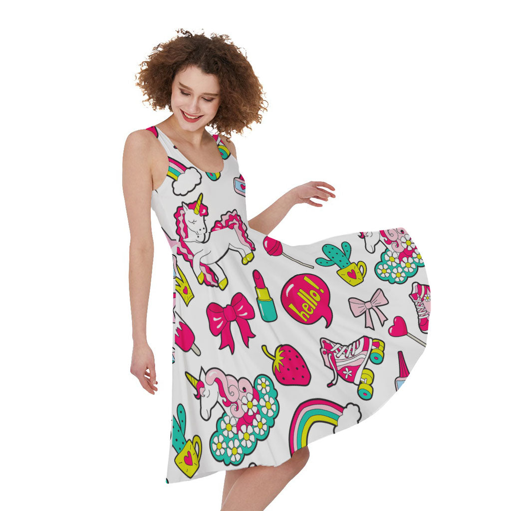 White Girly Unicorn Pattern Print Women's Sleeveless Dress