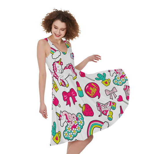 White Girly Unicorn Pattern Print Women's Sleeveless Dress