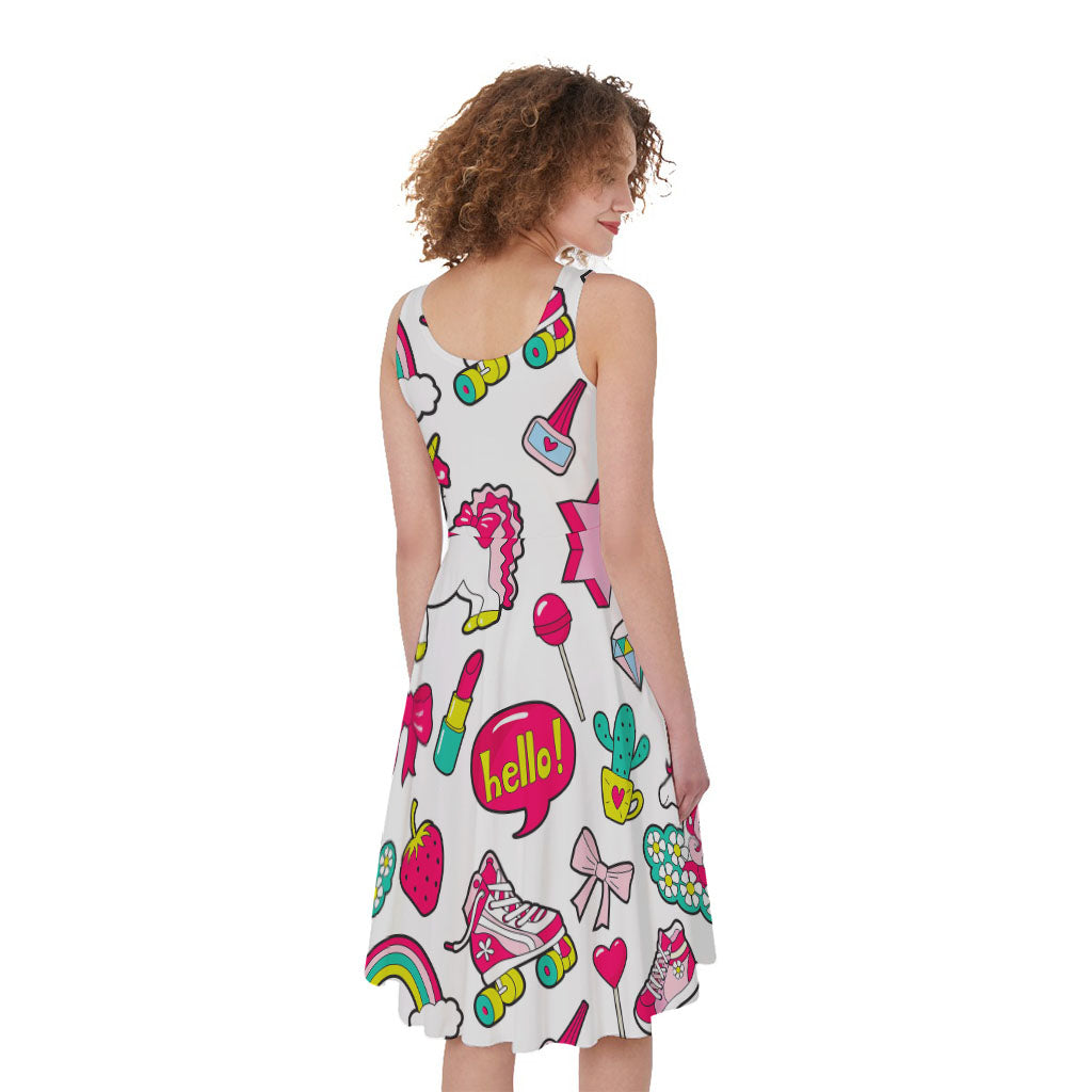 White Girly Unicorn Pattern Print Women's Sleeveless Dress