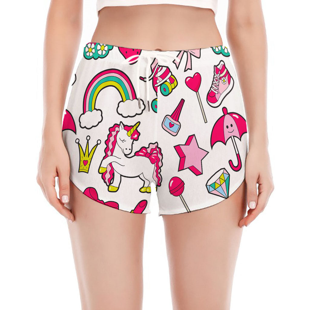 White Girly Unicorn Pattern Print Women's Split Running Shorts