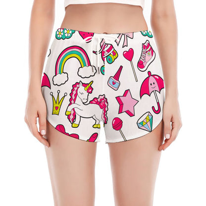 White Girly Unicorn Pattern Print Women's Split Running Shorts