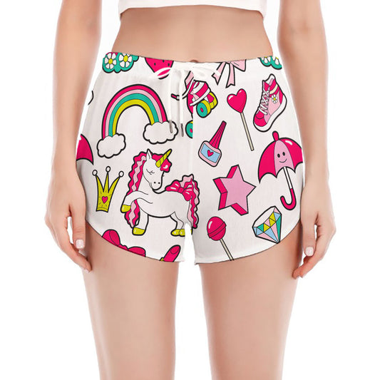 White Girly Unicorn Pattern Print Women's Split Running Shorts