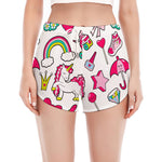 White Girly Unicorn Pattern Print Women's Split Running Shorts
