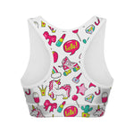 White Girly Unicorn Pattern Print Women's Sports Bra