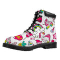 White Girly Unicorn Pattern Print Padded Collar Lace Up Boots