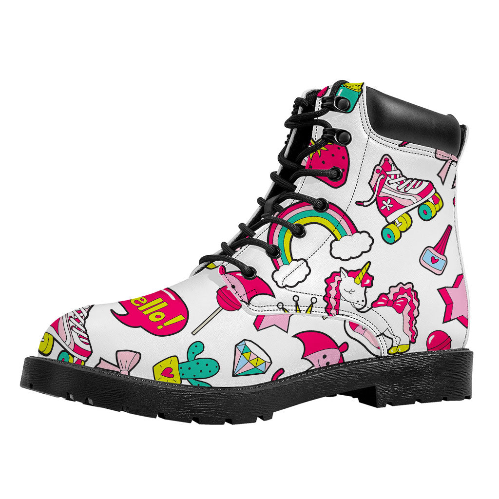 White Girly Unicorn Pattern Print Work Boots
