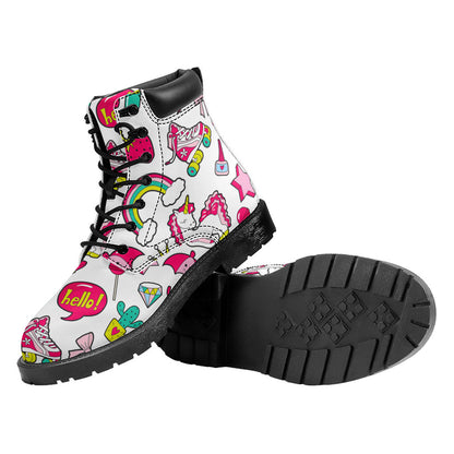 White Girly Unicorn Pattern Print Work Boots