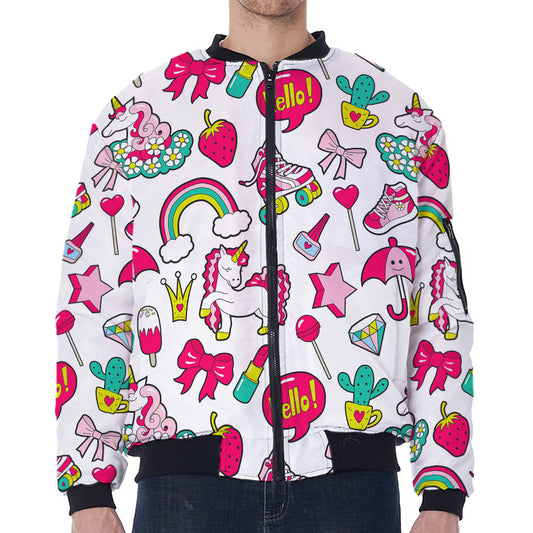 White Girly Unicorn Pattern Print Zip Sleeve Bomber Jacket
