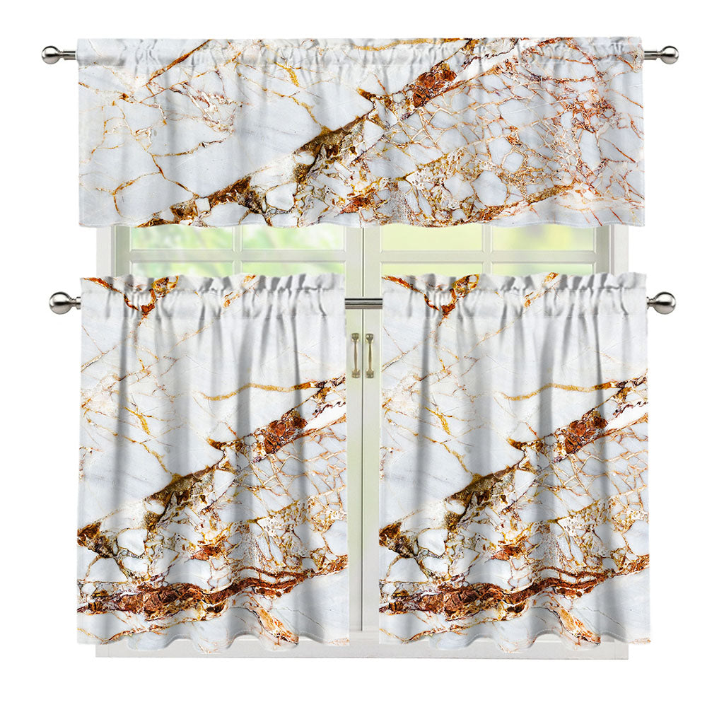 White Gold Grunge Marble Print 3 Piece Kitchen Curtains