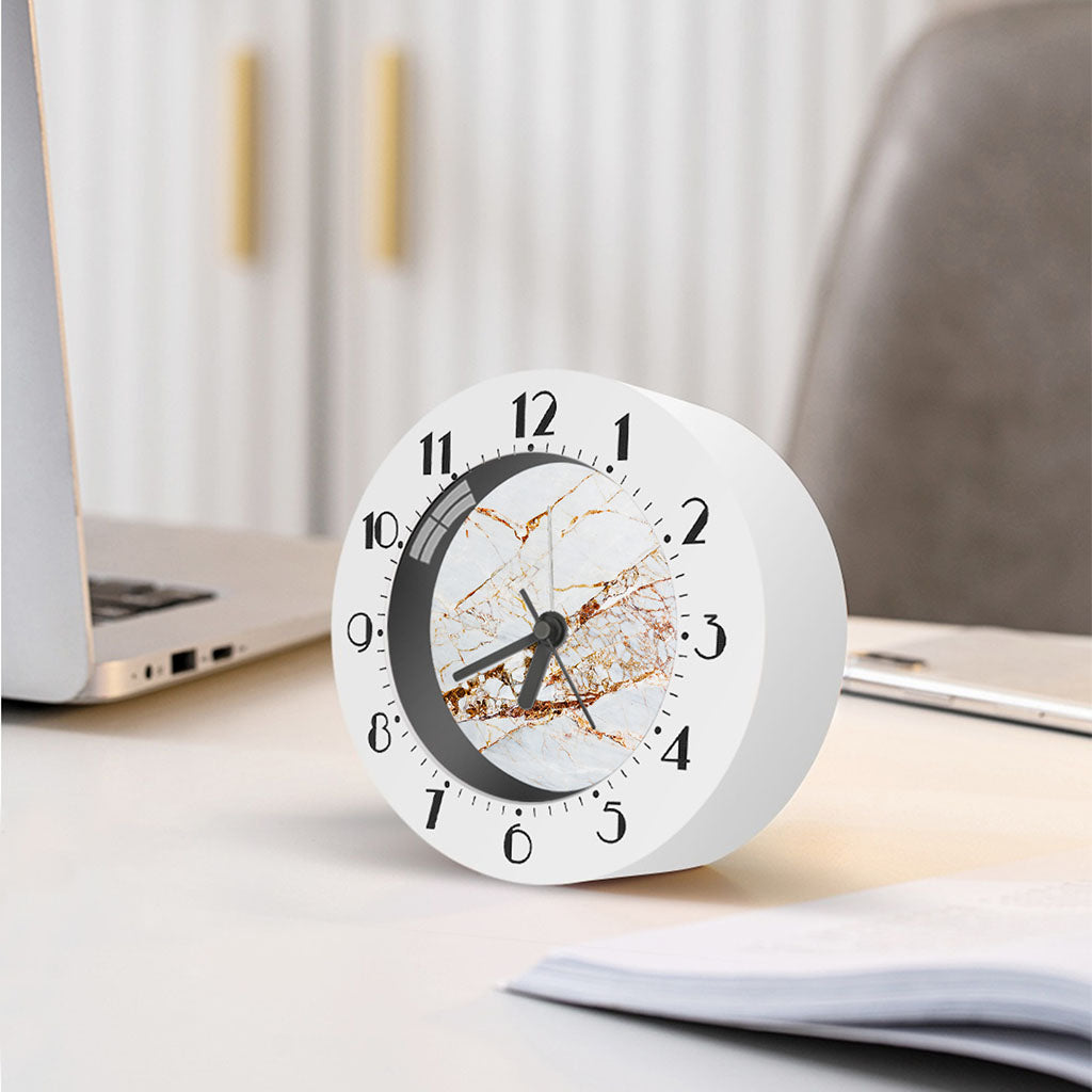 White Gold Grunge Marble Print Alarm Clock