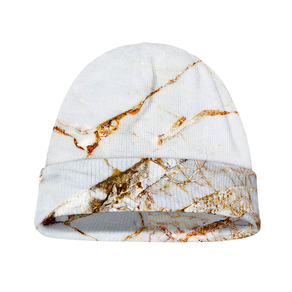 White Gold Grunge Marble Print Beanie
