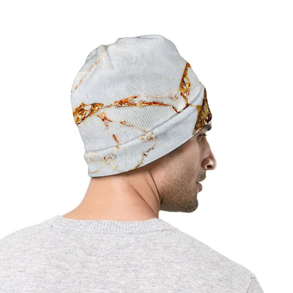 White Gold Grunge Marble Print Beanie