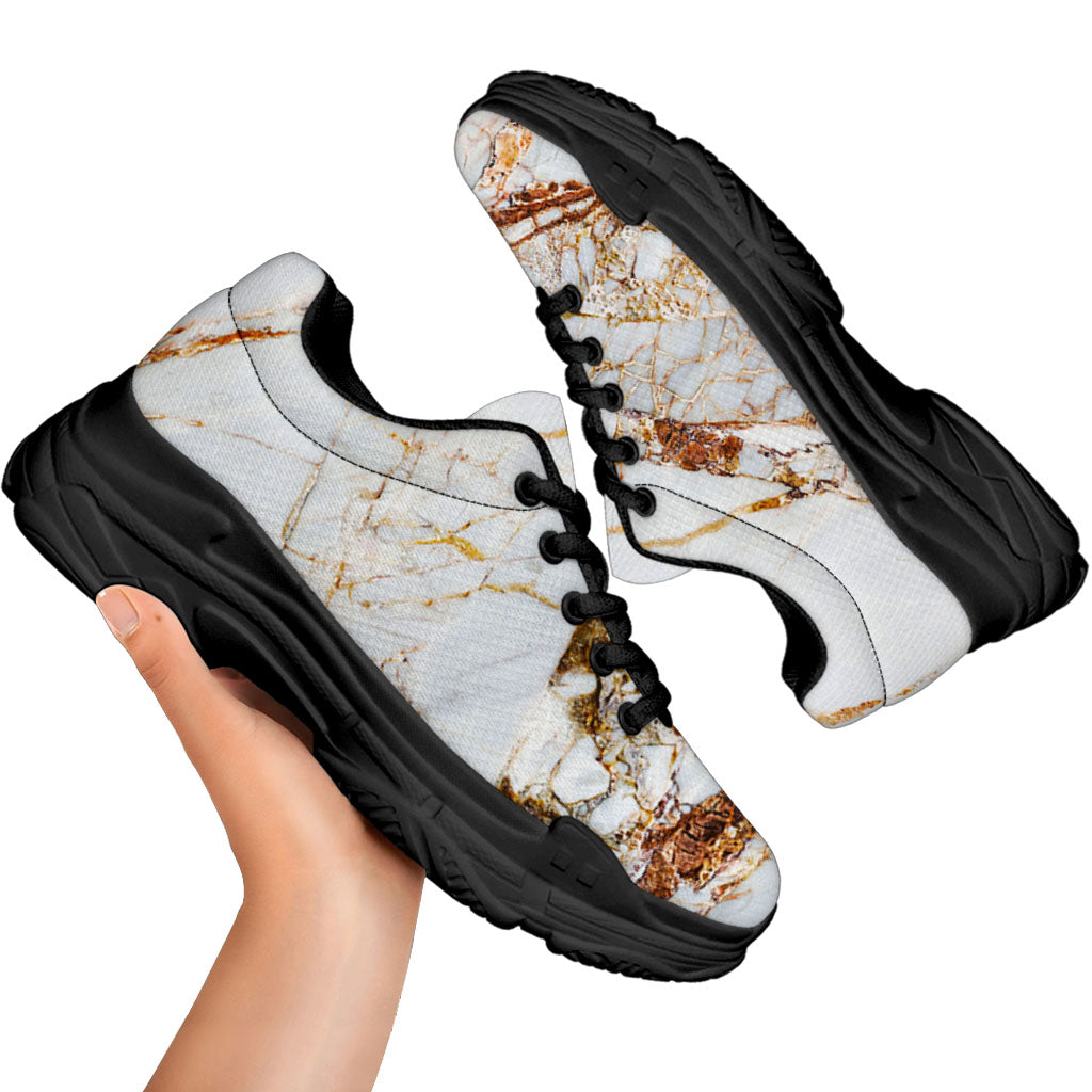 White Gold Grunge Marble Print Black Chunky Shoes