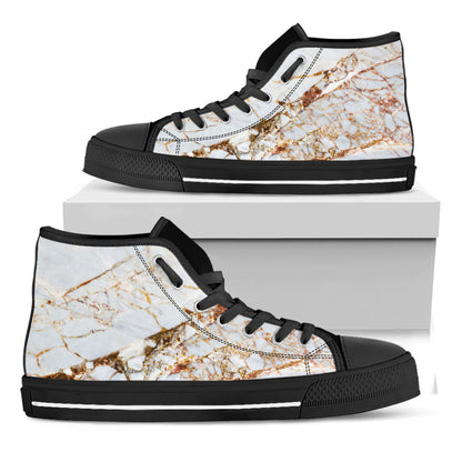 White Gold Grunge Marble Print Black High Top Sneakers