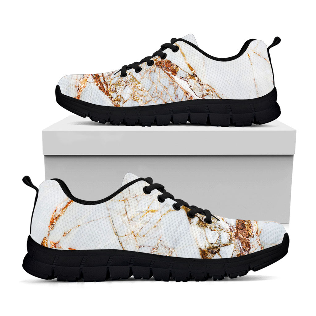 White Gold Grunge Marble Print Black Running Shoes