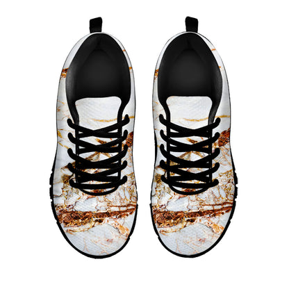 White Gold Grunge Marble Print Black Running Shoes