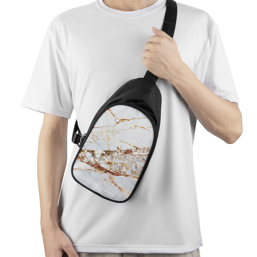 White Gold Grunge Marble Print Chest Bag