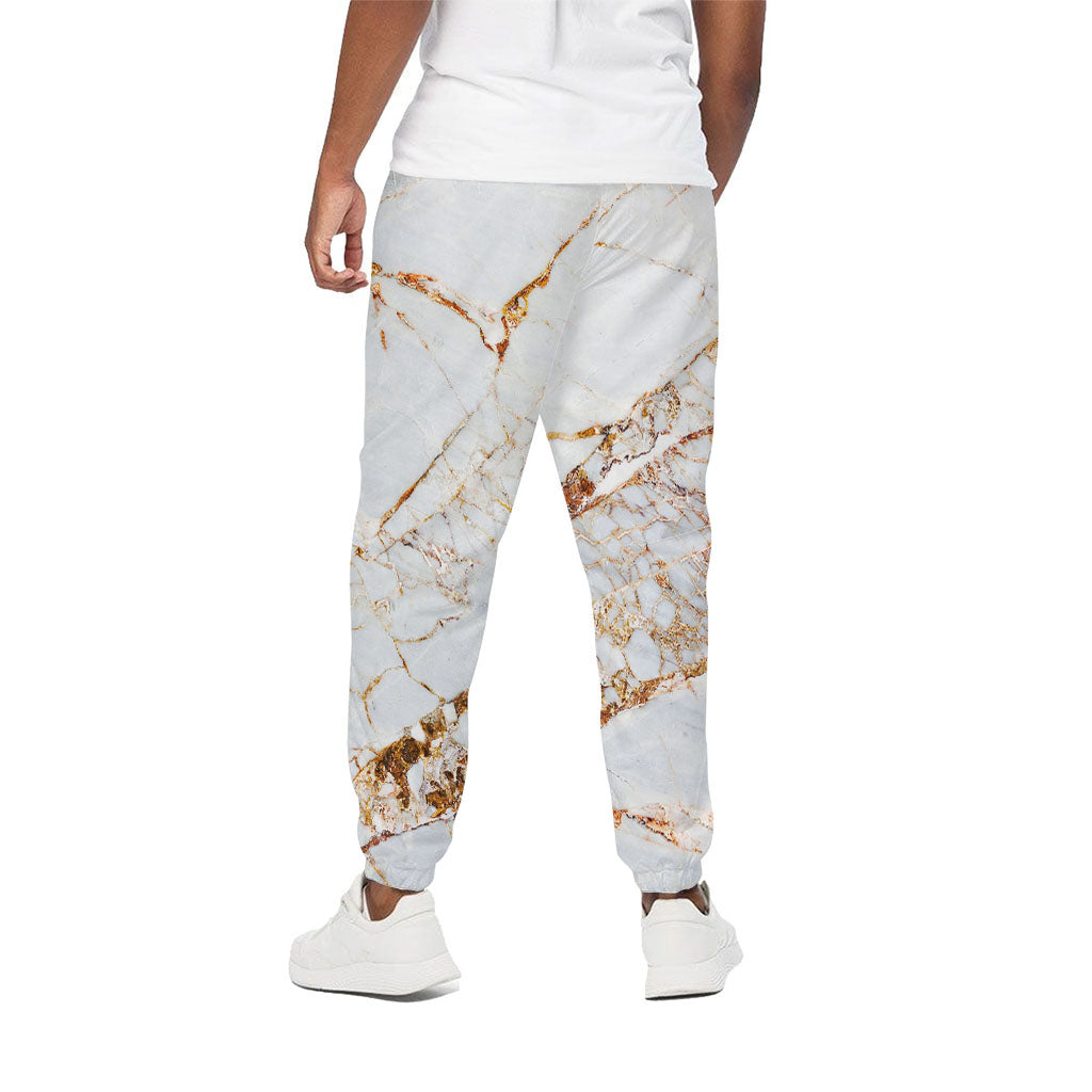 White Gold Grunge Marble Print Cotton Pants