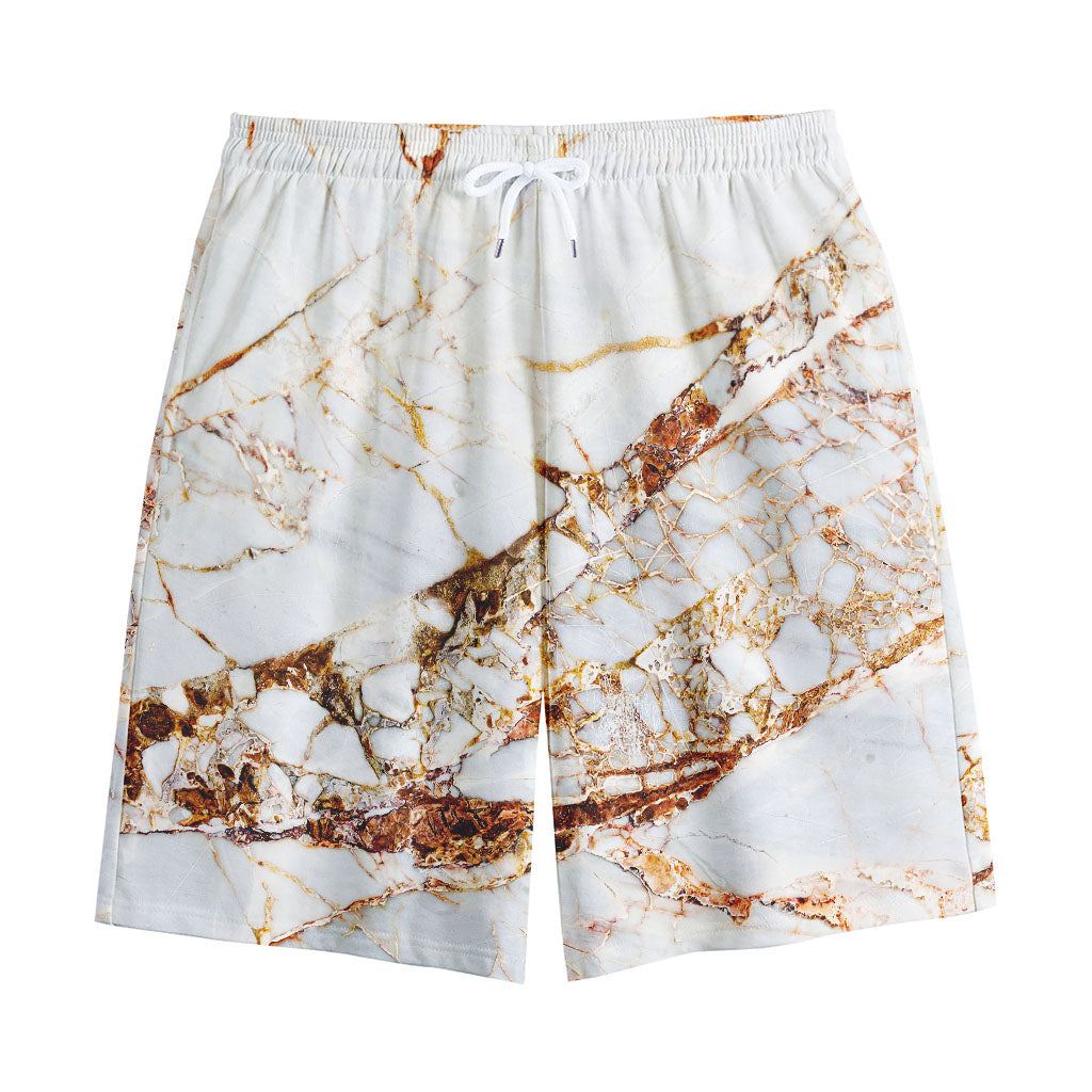 White Gold Grunge Marble Print Cotton Shorts