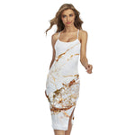 White Gold Grunge Marble Print Cross Back Cami Dress