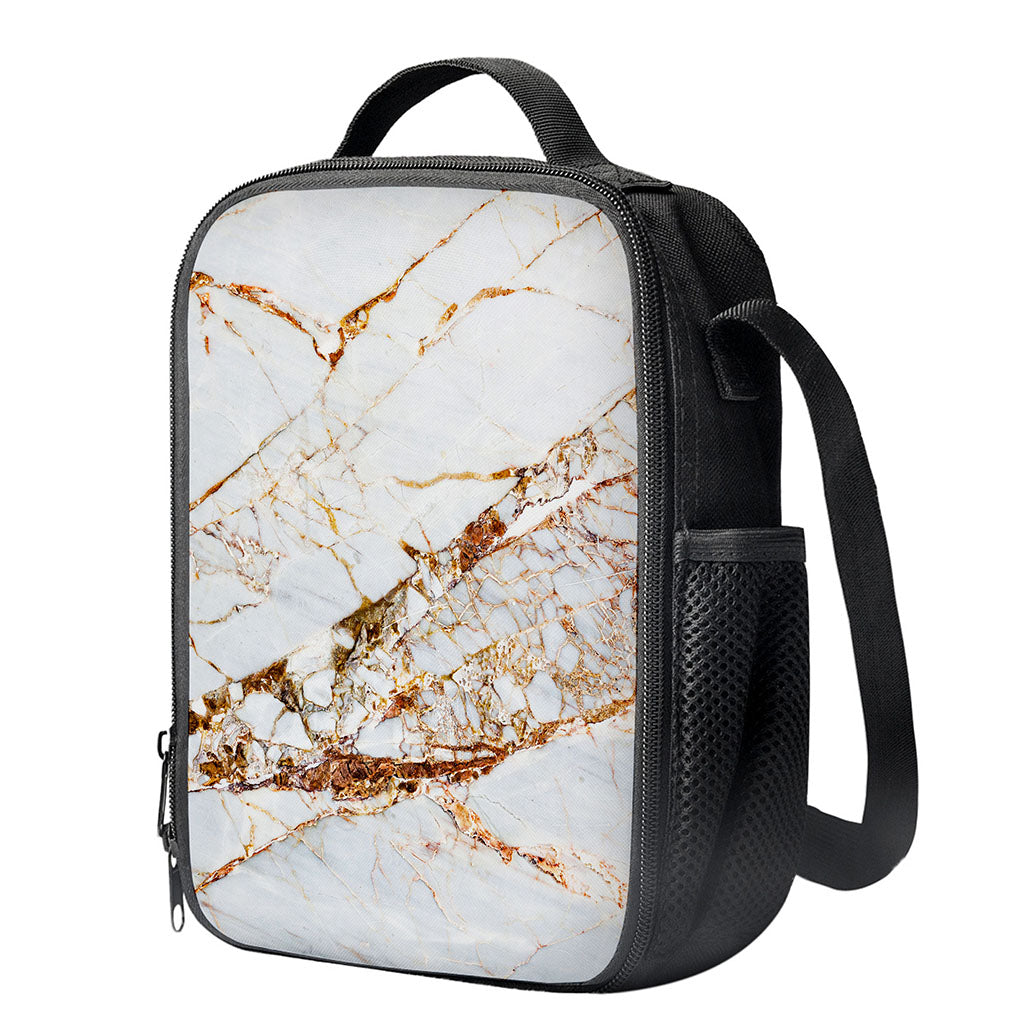 White Gold Grunge Marble Print Crossbody Lunch Bag