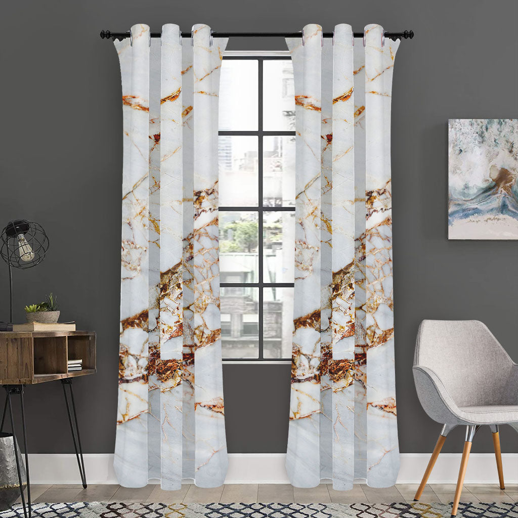 White Gold Grunge Marble Print Curtain
