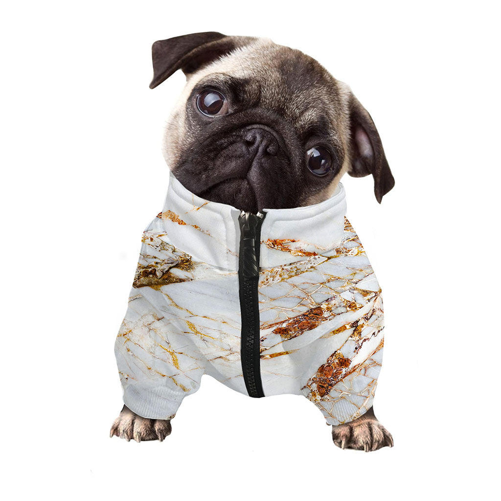 White Gold Grunge Marble Print Dog Zip Up Jacket