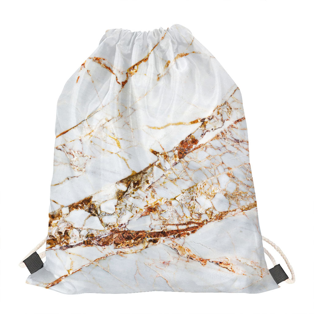 White Gold Grunge Marble Print Drawstring Bag
