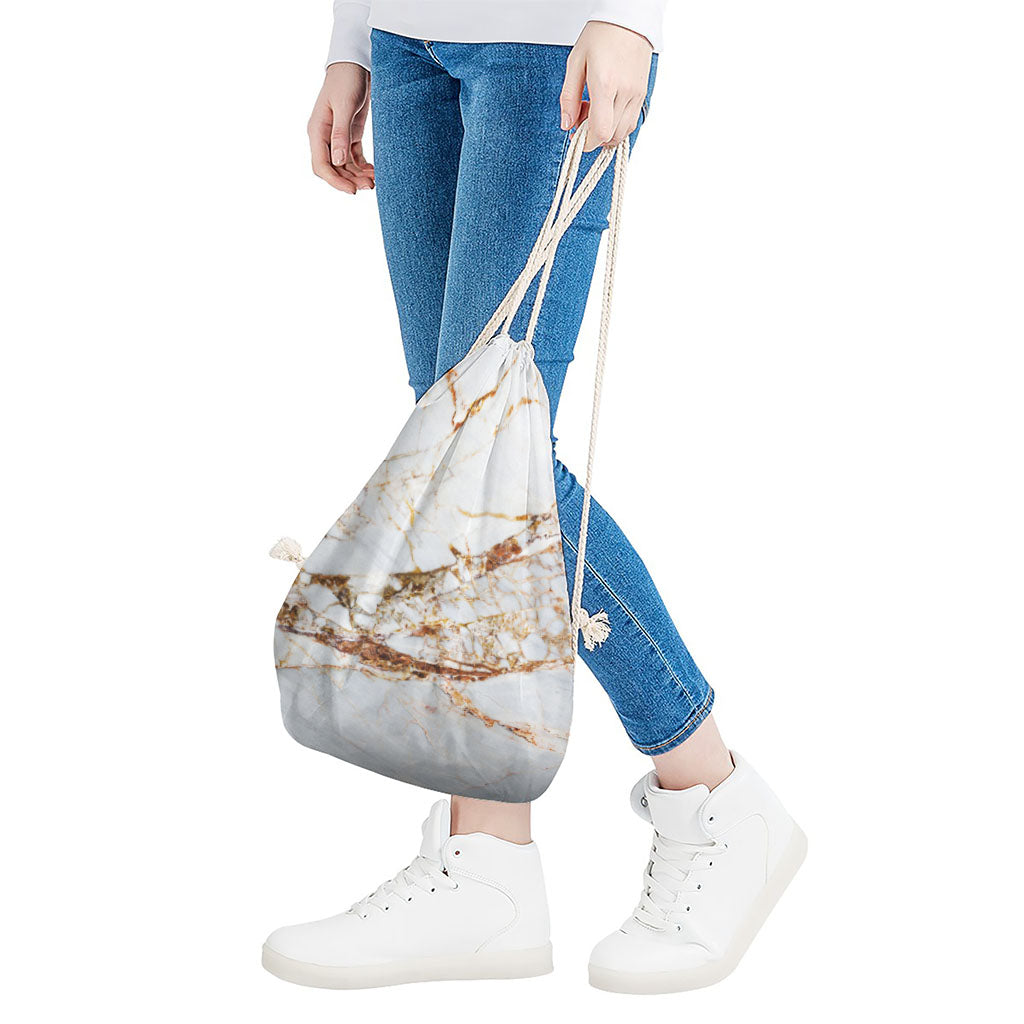White Gold Grunge Marble Print Drawstring Bag