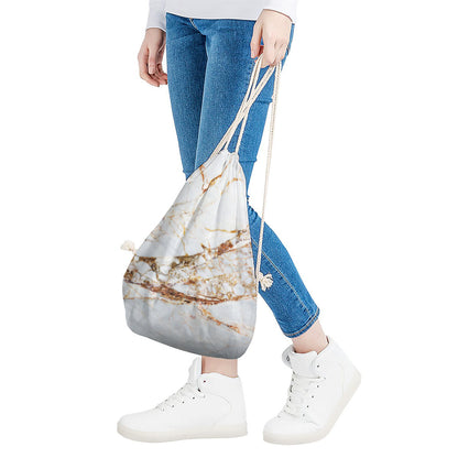 White Gold Grunge Marble Print Drawstring Bag