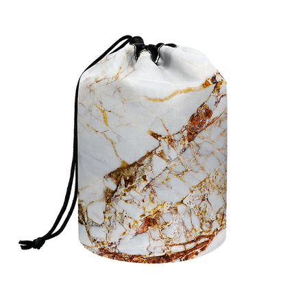 White Gold Grunge Marble Print Drawstring Makeup Bag