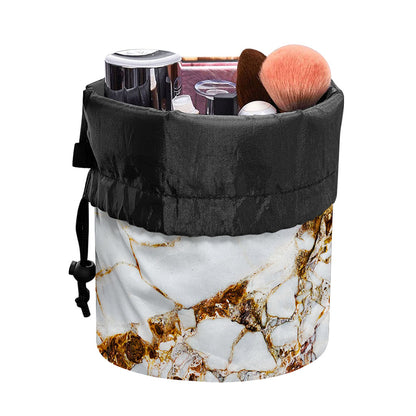 White Gold Grunge Marble Print Drawstring Makeup Bag