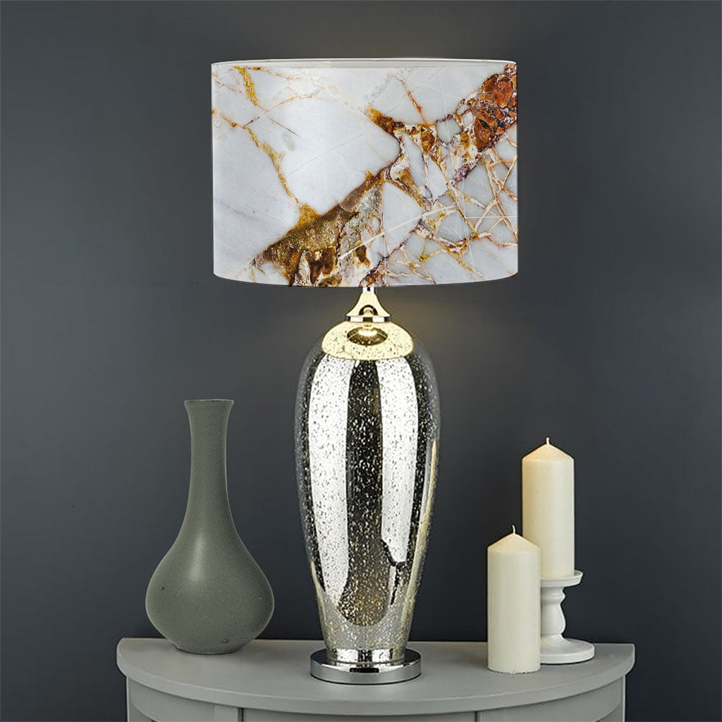 White Gold Grunge Marble Print Drum Lamp Shade