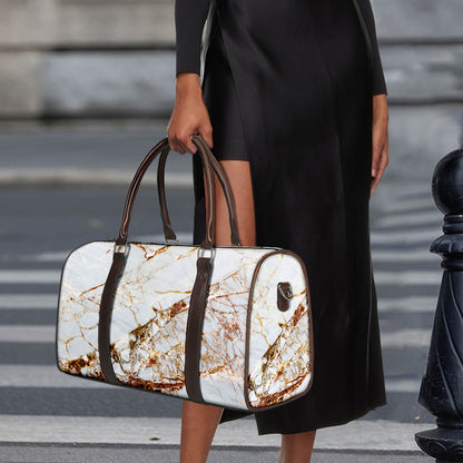 White Gold Grunge Marble Print Duffle Bag
